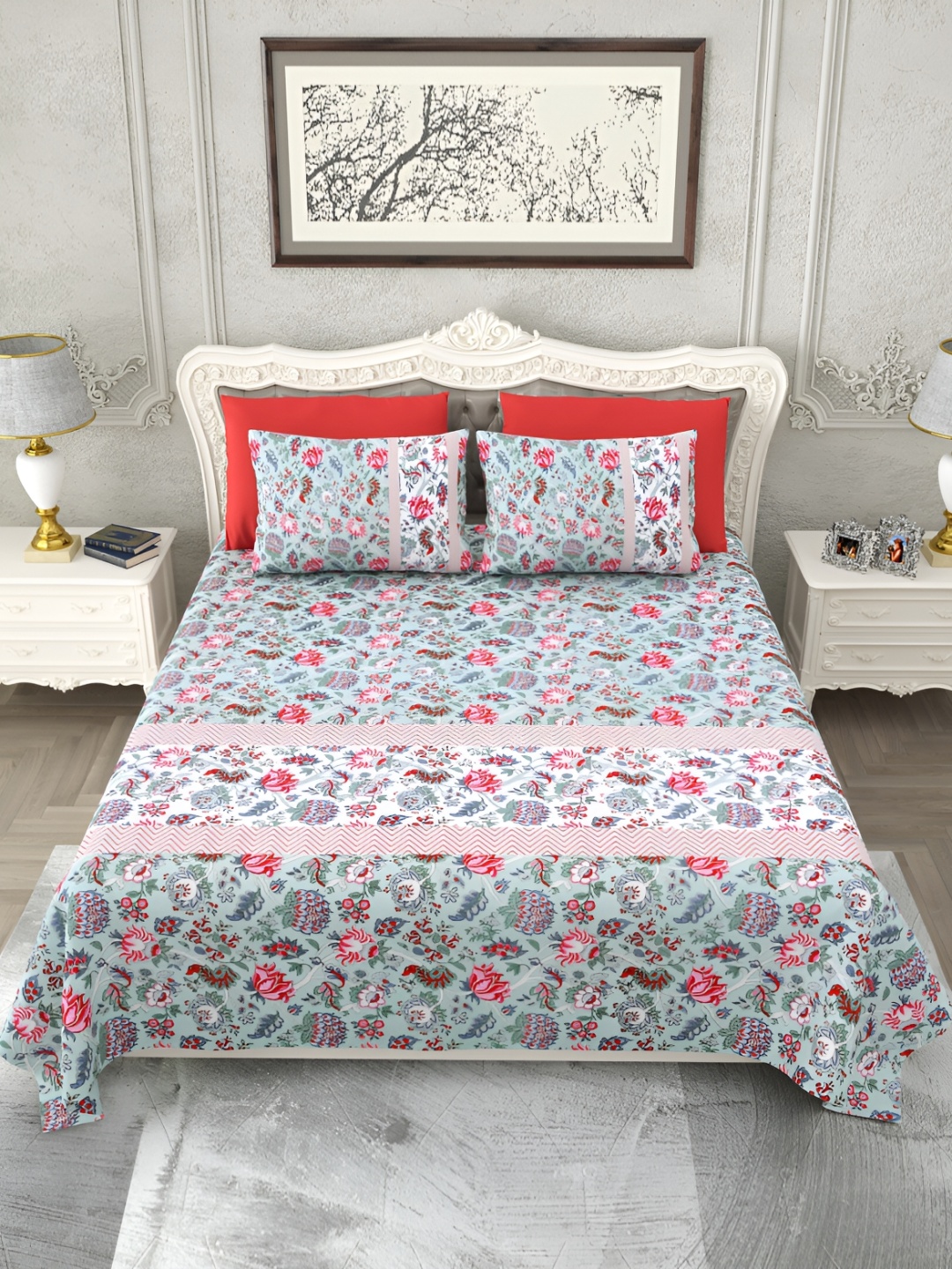 Rajasthan Decor Sea Green & White Floral 180 TC King Bedsheet with 2 Pillow Covers
Rajasthan Decor Sea Green & White Floral 180 TC King Bedsheet with 2 Pillow Covers