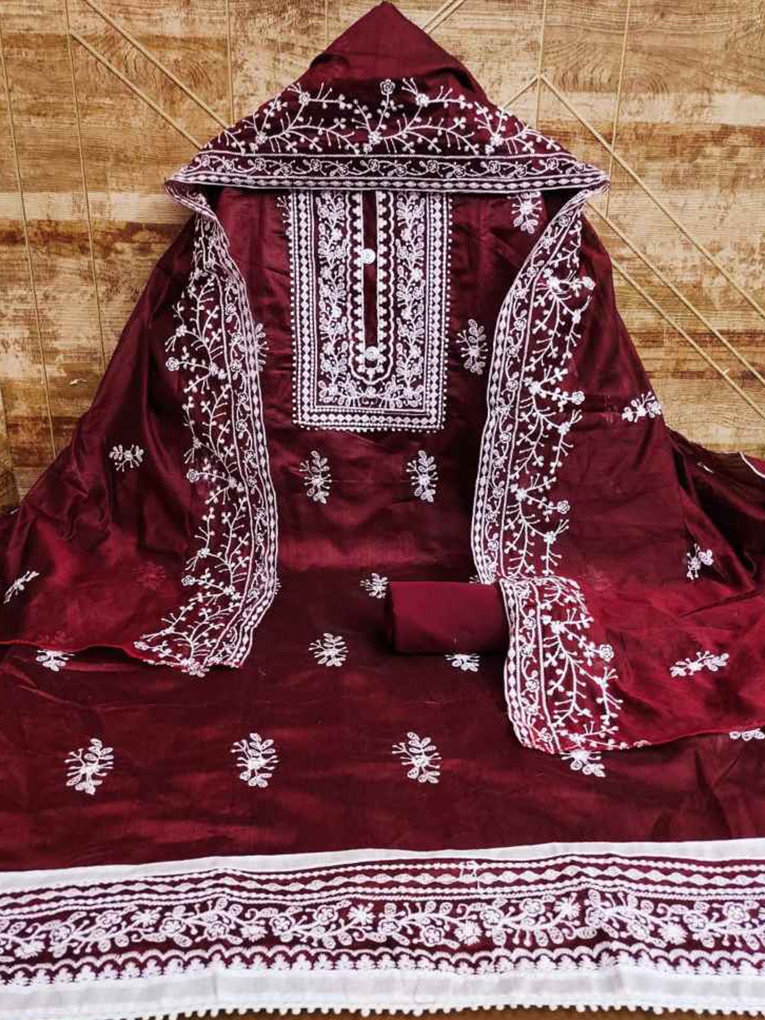 faxofab Silk Chiffon Unstitched Dress Material, Maroon