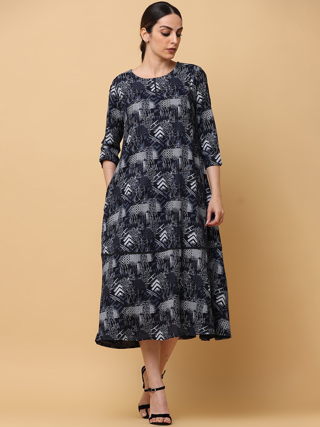 BLACK & BLAH BLAH Relaxed Fit Abstract Printed Tiered Liva Midi Dress, Navy blue
BLACK & BLAH BLAH Relaxed Fit Abstract Printed Tiered Liva Midi Dress, Navy blue