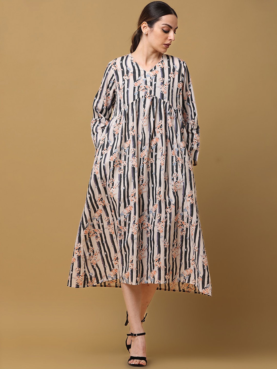 BLACK & BLAH BLAH Relaxed Fit Stripes Printed A-Line Pure Cotton Monochrome Midi Dress
BLACK & BLAH BLAH Relaxed Fit Stripes Printed A-Line Pure Cotton Monochrome Midi Dress