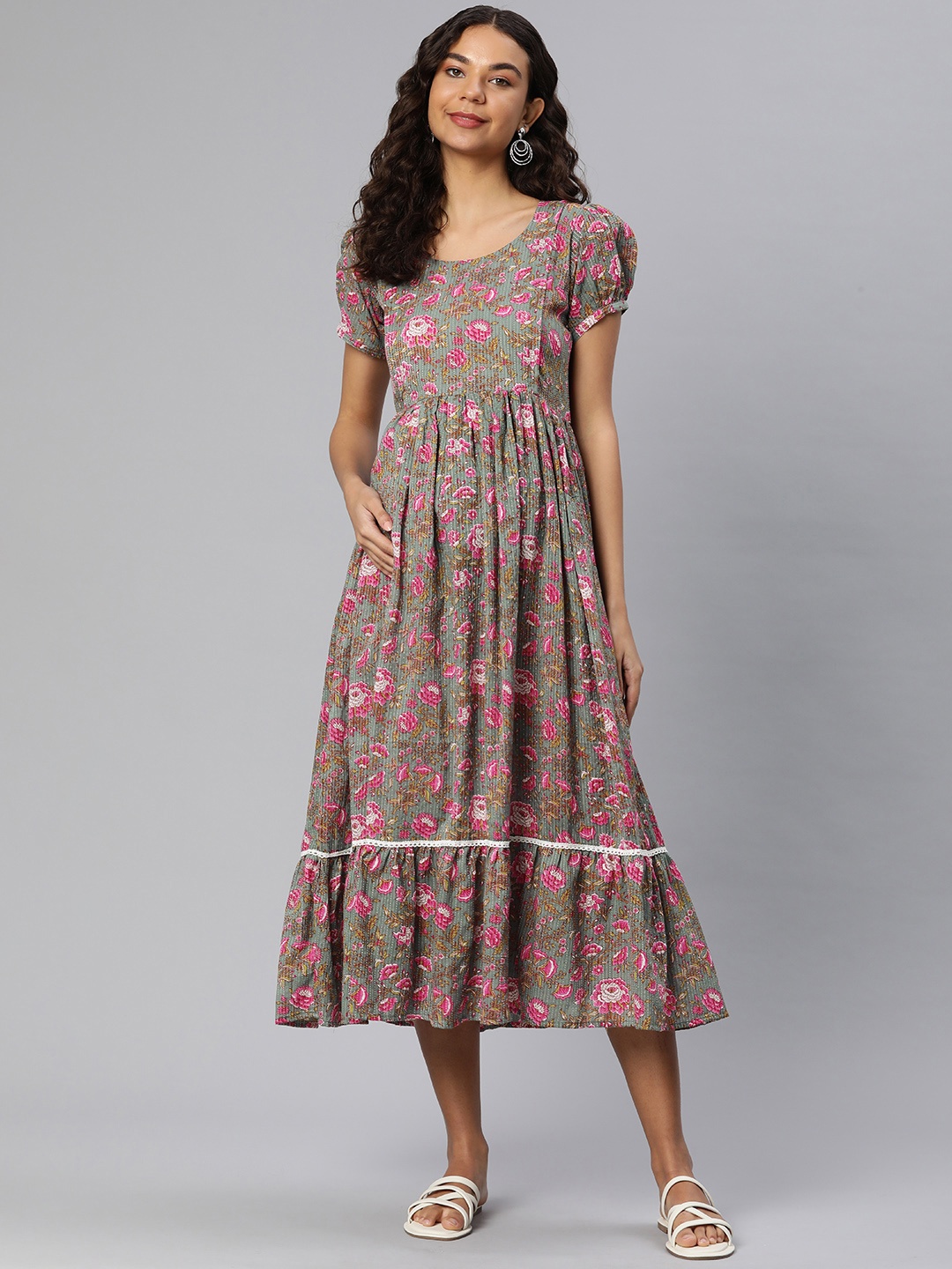 Swishchick Floral Print Puff Sleeves Kantha Embroidered Maternity Fit & Flare Midi Dress, Grey
Swishchick Floral Print Puff Sleeves Kantha Embroidered Maternity Fit & Flare Midi Dress, Grey