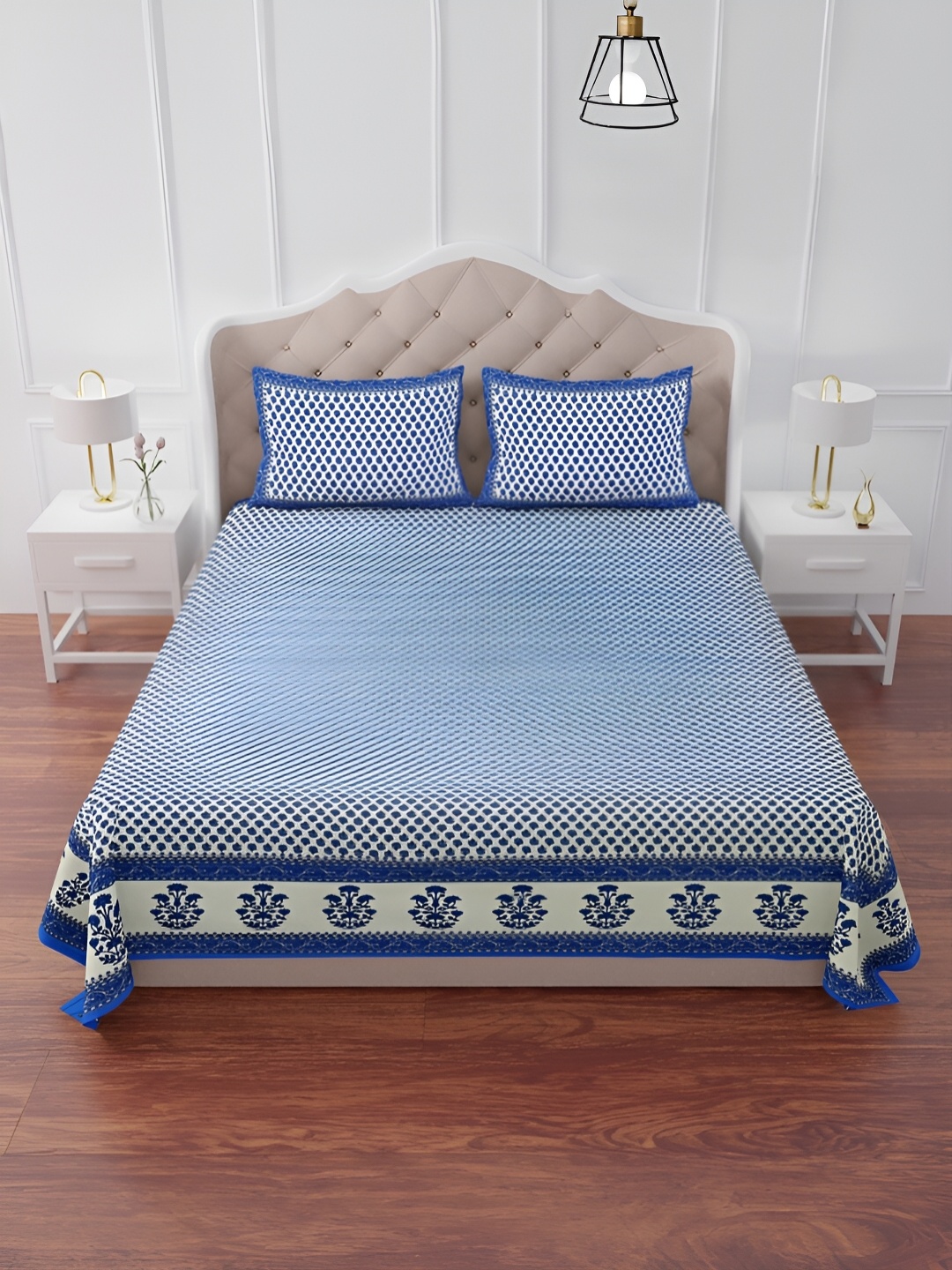 The Craft Monk Blue & White Printed Cotton 240 TC King Bedsheet With 2 Pillow Covers
The Craft Monk Blue & White Printed Cotton 240 TC King Bedsheet With 2 Pillow Covers