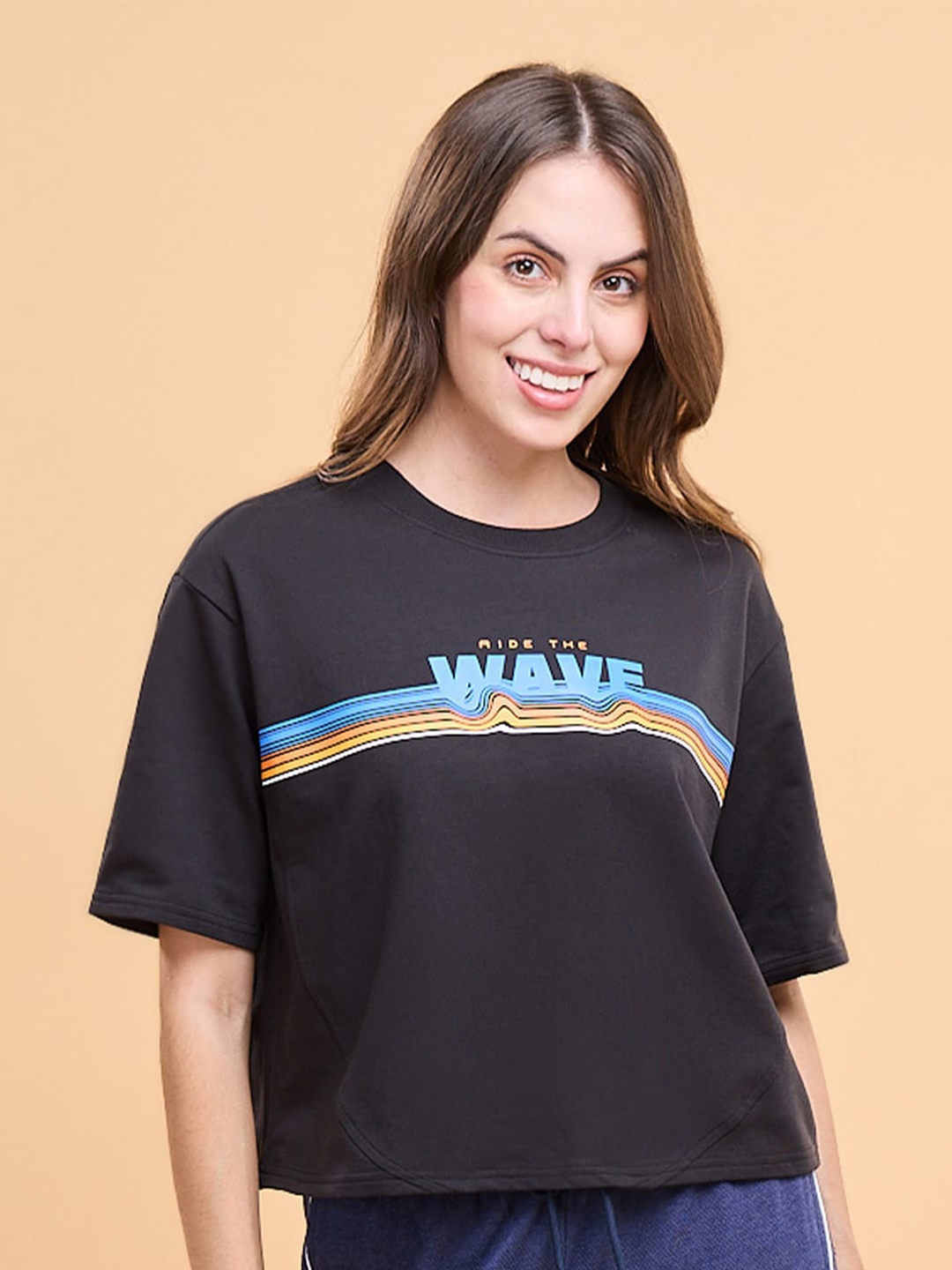 Enamor Typographic Printed Drop-Shoulder Sleeves Cotton Boxy Crop T-Shirts, Black
Enamor Typographic Printed Drop-Shoulder Sleeves Cotton Boxy Crop T-Shirts, Black