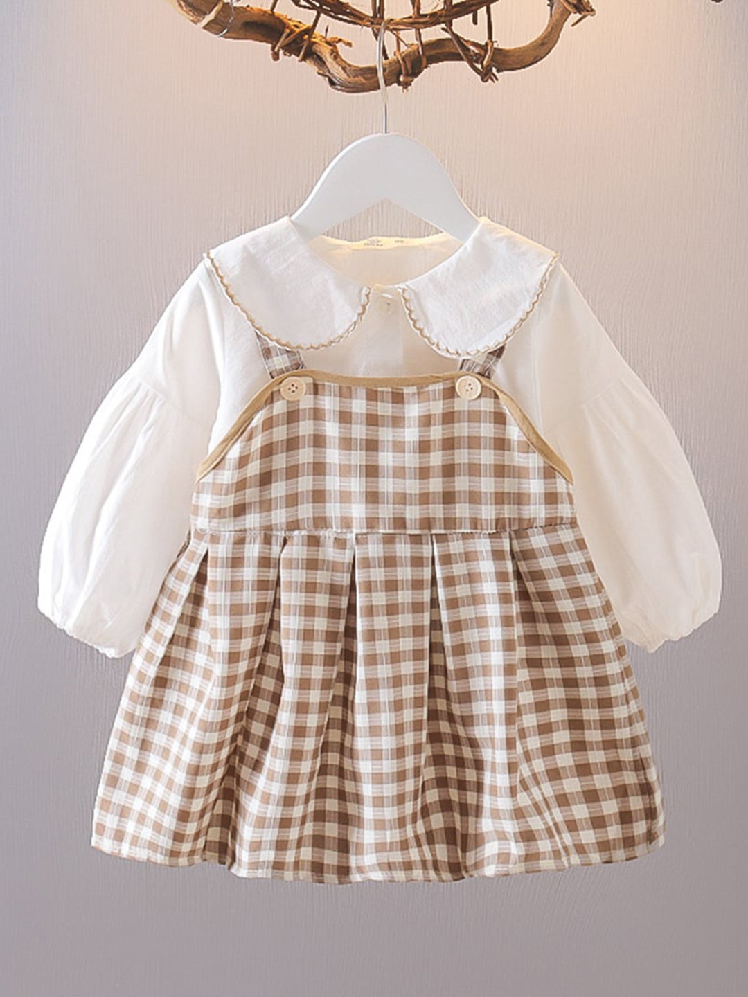 INCLUD Girls Checked Peter Pan Collar Cotton A-Line Dress, Brown 
INCLUD Girls Checked Peter Pan Collar Cotton A-Line Dress, Brown
