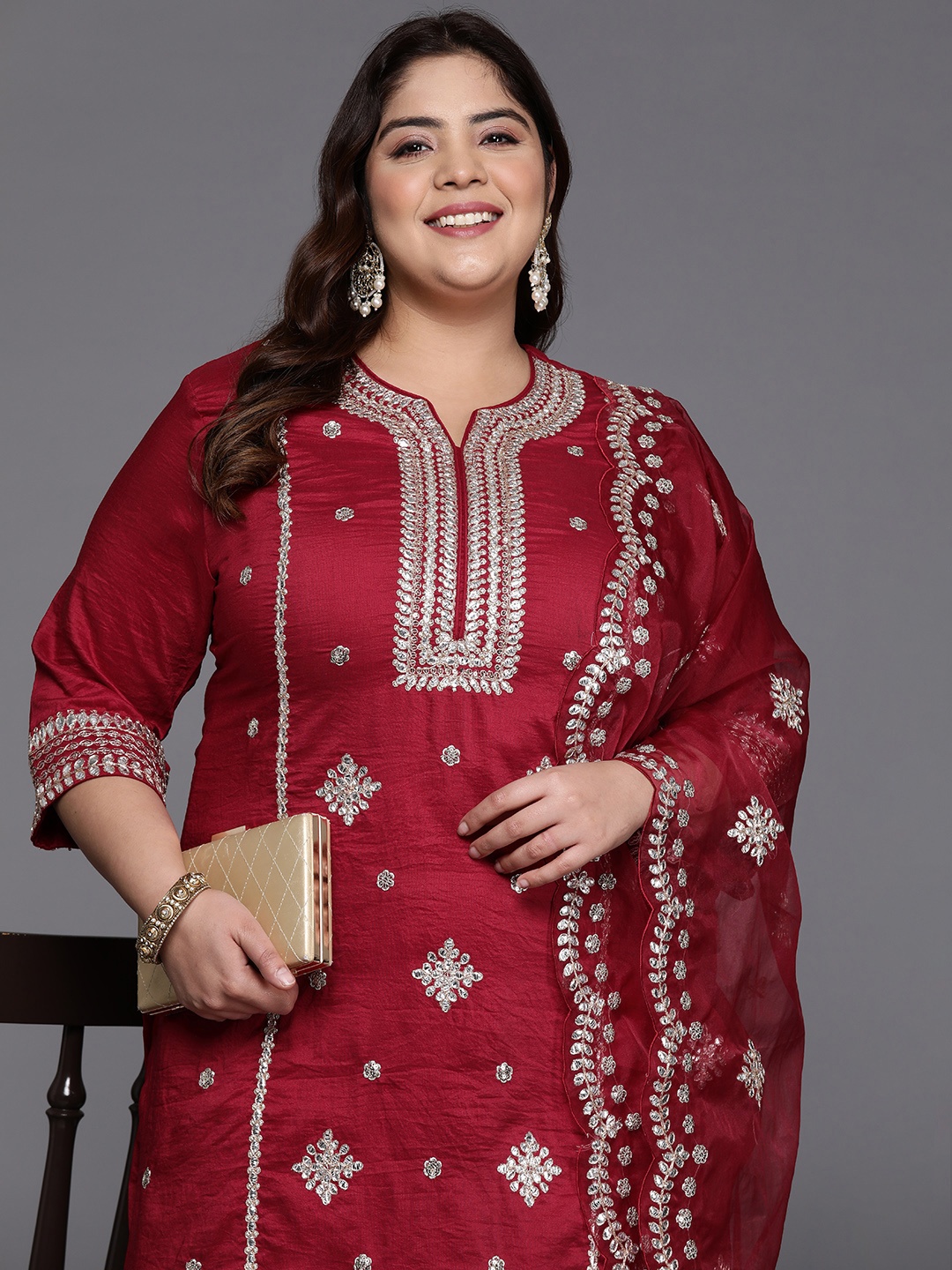 Indo Era Plus Size Ethnic Motifs Embroidered Gotta Patti Kurta with Trousers & Dupatta, Maroon
Indo Era Plus Size Ethnic Motifs Embroidered Gotta Patti Kurta with Trousers & Dupatta, Maroon