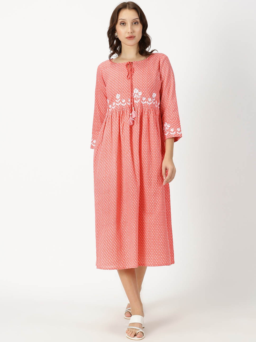 Saffron Threads Micro Floral Printed Pure Cotton A-Line Midi Dress With Embroidery, Coral
Saffron Threads Micro Floral Printed Pure Cotton A-Line Midi Dress With Embroidery, Coral