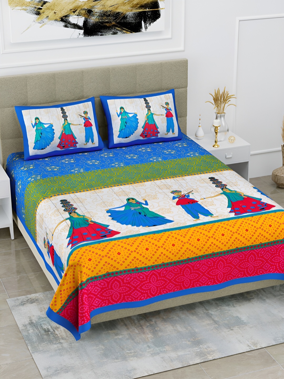 POORAK Blue & Cream-Coloured Ethnic Motifs 104 TC Queen Bedsheet with 2 Pillow Covers
POORAK Blue & Cream-Coloured Ethnic Motifs 104 TC Queen Bedsheet with 2 Pillow Covers