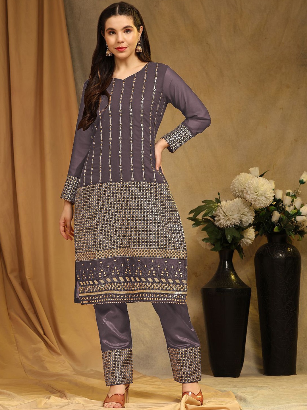 ODETTE Embroidered Semi-Stitched Dress Material, Brown