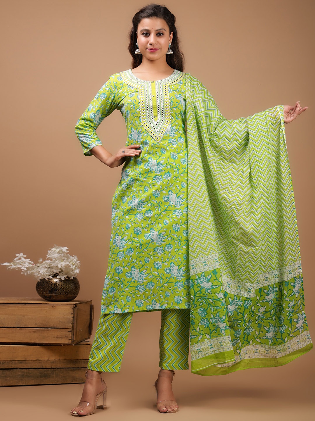 KALINI Floral Printed Regular Mirror Work Cotton Straight Kurta With Trousers & Dupatta, Green
KALINI Floral Printed Regular Mirror Work Cotton Straight Kurta With Trousers & Dupatta, Green