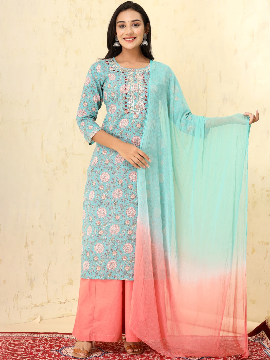 KALINI Floral Printed Regular Mirror Work Pure Cotton Kurta With Sharara & With Dupatta, Turquoise blue
KALINI Floral Printed Regular Mirror Work Pure Cotton Kurta With Sharara & With Dupatta, Turquoise blue