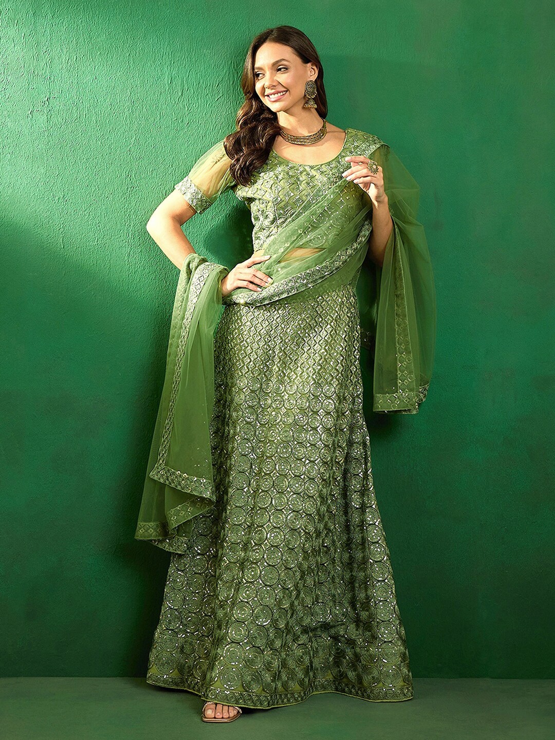 Sangria Sequence Embroidered Sequined Semi-Stitched Lehenga With Choli & Dupatta, Green
Sangria Sequence Embroidered Sequined Semi-Stitched Lehenga With Choli & Dupatta, Green