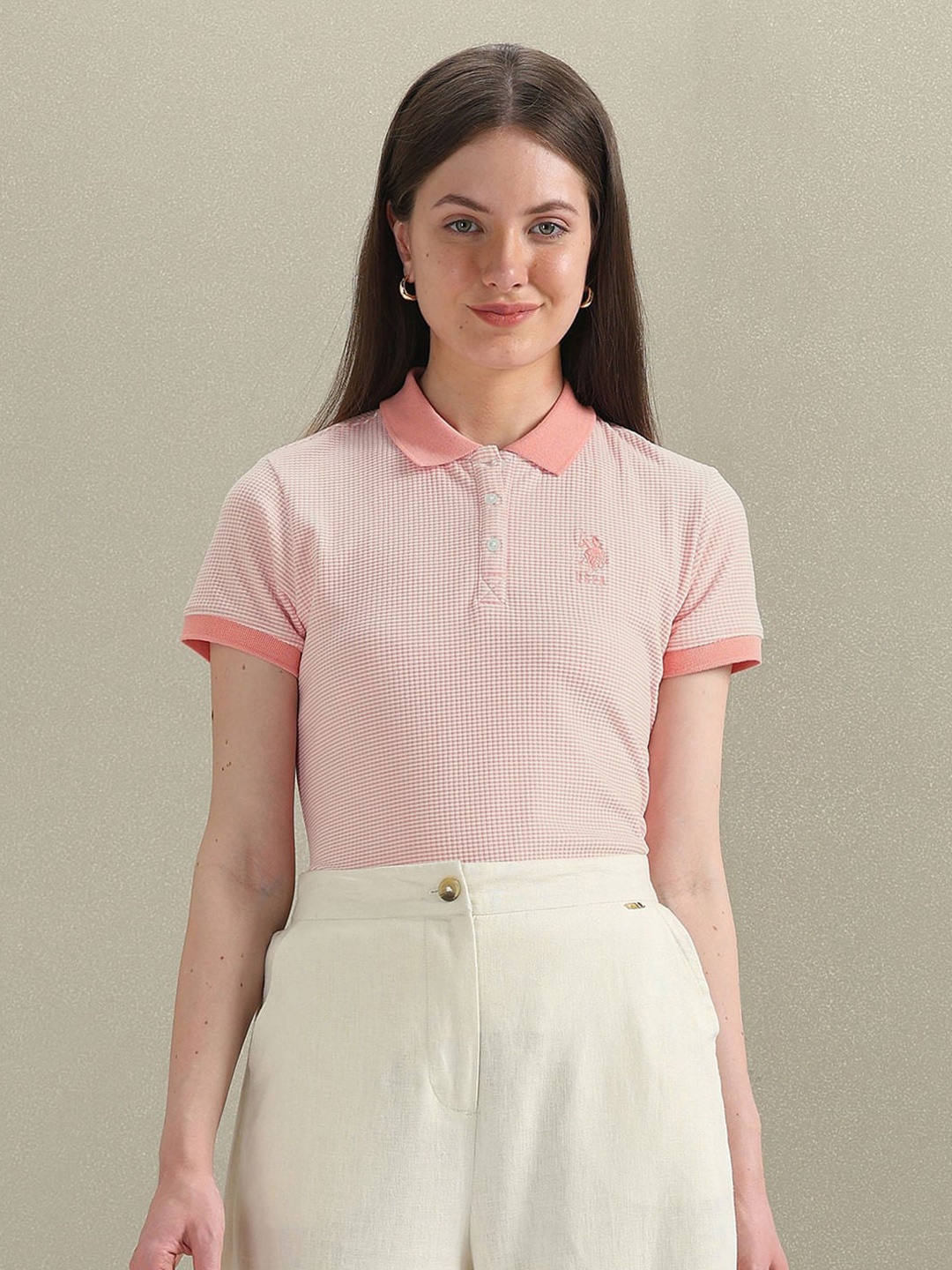 U.S. Polo Assn. Women Self Design Polo Collar Short Sleeves Regular T-shirt, Pink
U.S. Polo Assn. Women Self Design Polo Collar Short Sleeves Regular T-shirt, Pink
