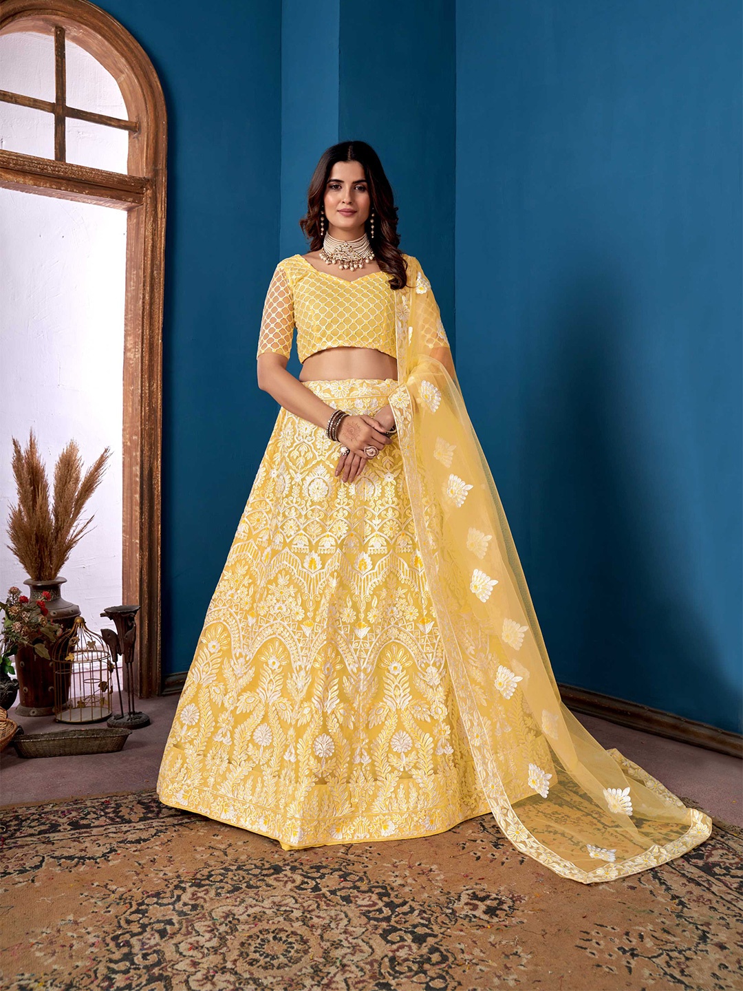 Pandadi Saree Embroidered Thread Work Semi-Stitched Lehenga & Blouse With Dupatta, Yellow
Pandadi Saree Embroidered Thread Work Semi-Stitched Lehenga & Blouse With Dupatta, Yellow