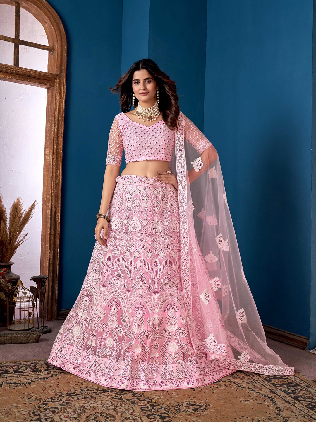 Pandadi Saree Embroidered Sequinned Semi-Stitched Lehenga & Blouse With Dupatta, Pink
Pandadi Saree Embroidered Sequinned Semi-Stitched Lehenga & Blouse With Dupatta, Pink