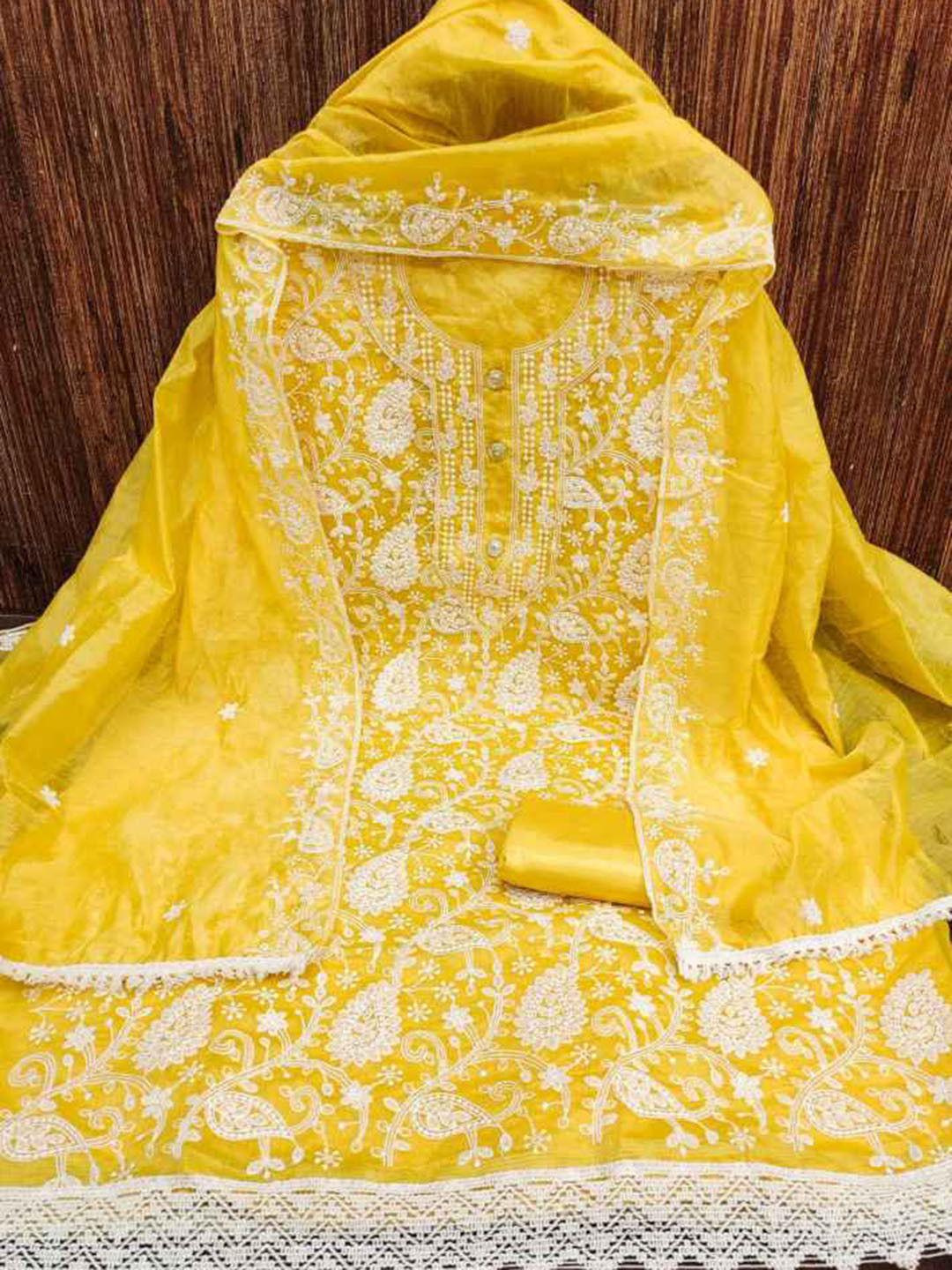 faxofab Ethnic Motifs Embroidered Silk Georgette Chikankari Unstitched Dress Material, Yellow
faxofab Ethnic Motifs Embroidered Silk Georgette Chikankari Unstitched Dress Material, Yellow
