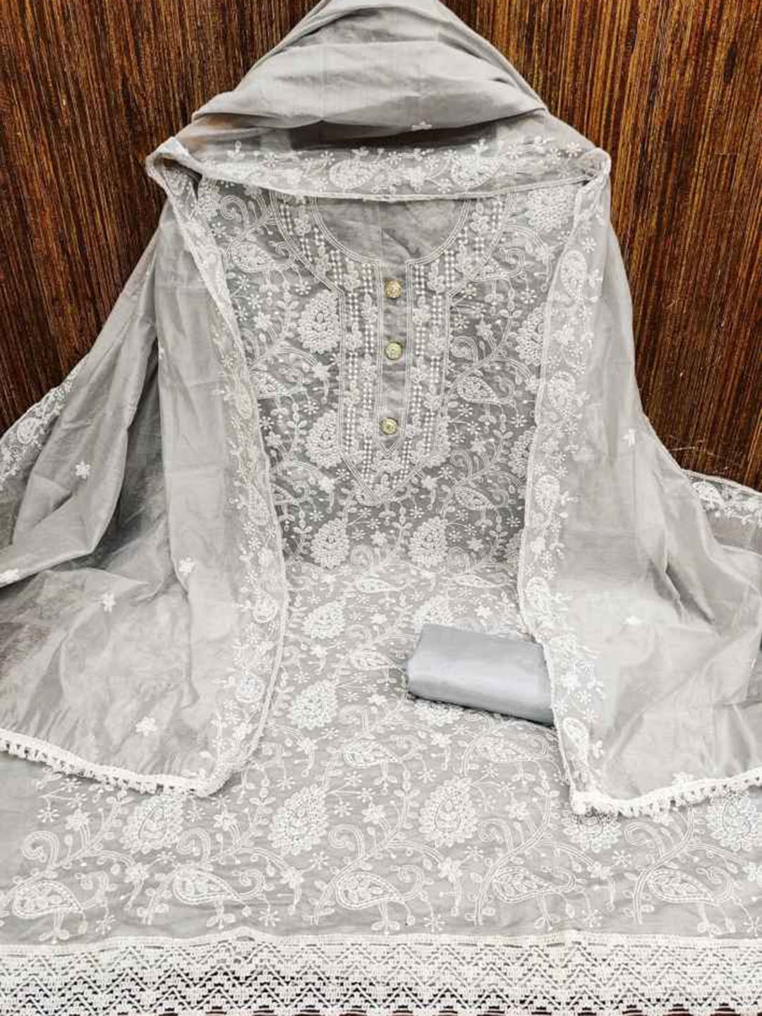 faxofab Ethnic Motifs Embroidered Silk Georgette Chikankari Unstitched Dress Material, Grey
faxofab Ethnic Motifs Embroidered Silk Georgette Chikankari Unstitched Dress Material, Grey