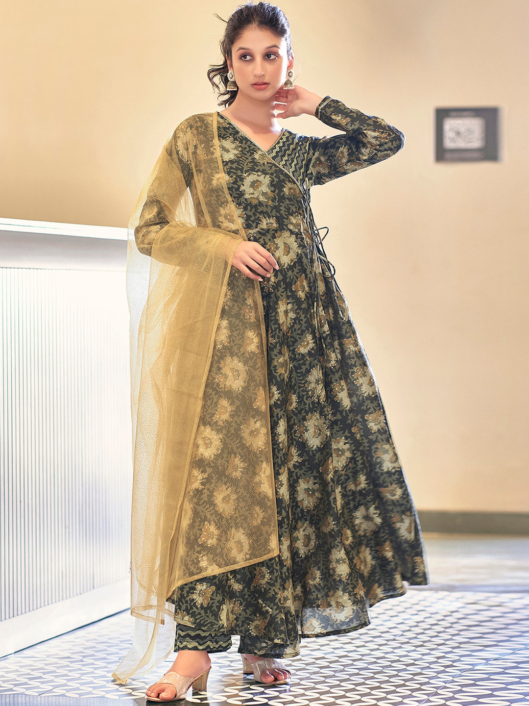 KALINI Floral Printed Angrakha Style Anarkali Kurta With Palazzos & Dupatta, Grey
KALINI Floral Printed Angrakha Style Anarkali Kurta With Palazzos & Dupatta, Grey