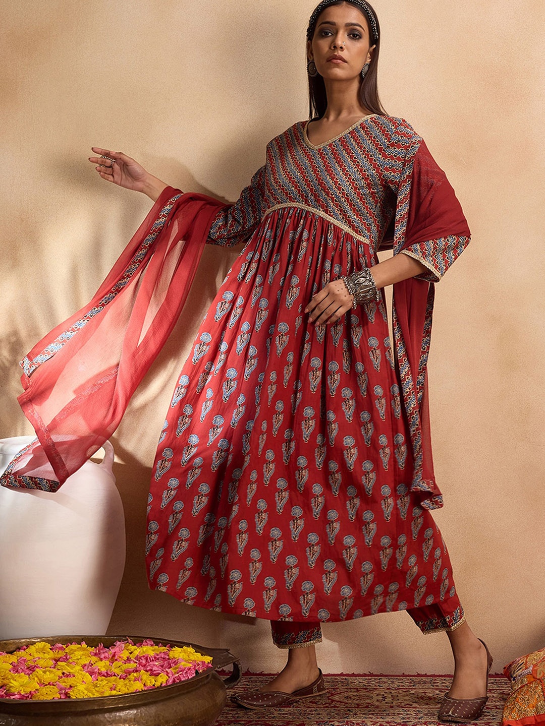 Indo Era Floral Printed Empire Pure Cotton A-Line Kurta with Trousers & Dupatta, Rust
Indo Era Floral Printed Empire Pure Cotton A-Line Kurta with Trousers & Dupatta, Rust