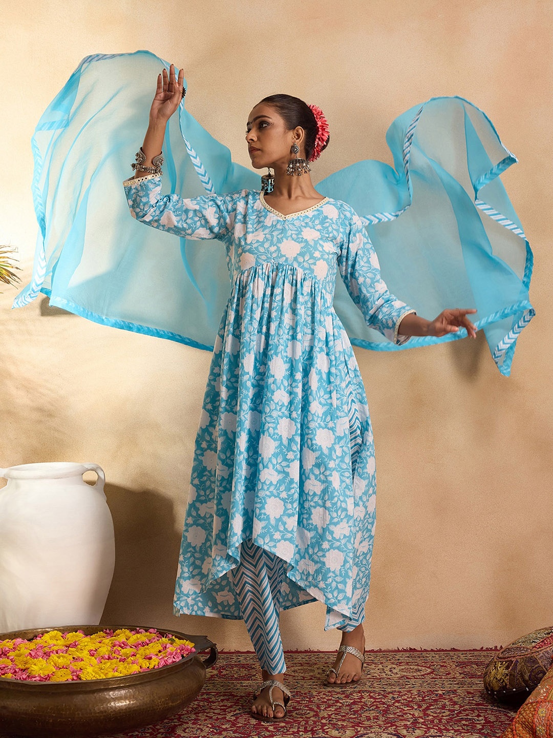 Indo Era Floral Printed Empire Mirror Work Cotton A-Line Kurta with Trousers & Dupatta, Blue
Indo Era Floral Printed Empire Mirror Work Cotton A-Line Kurta with Trousers & Dupatta, Blue