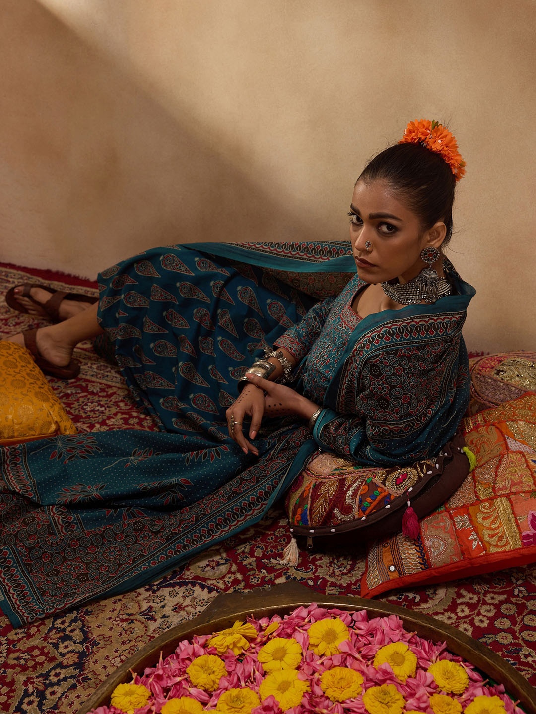 Indo Era Floral Printed Empire Pure Cotton A-Line Kurta with Trousers & Dupatta, Teal
Indo Era Floral Printed Empire Pure Cotton A-Line Kurta with Trousers & Dupatta, Teal