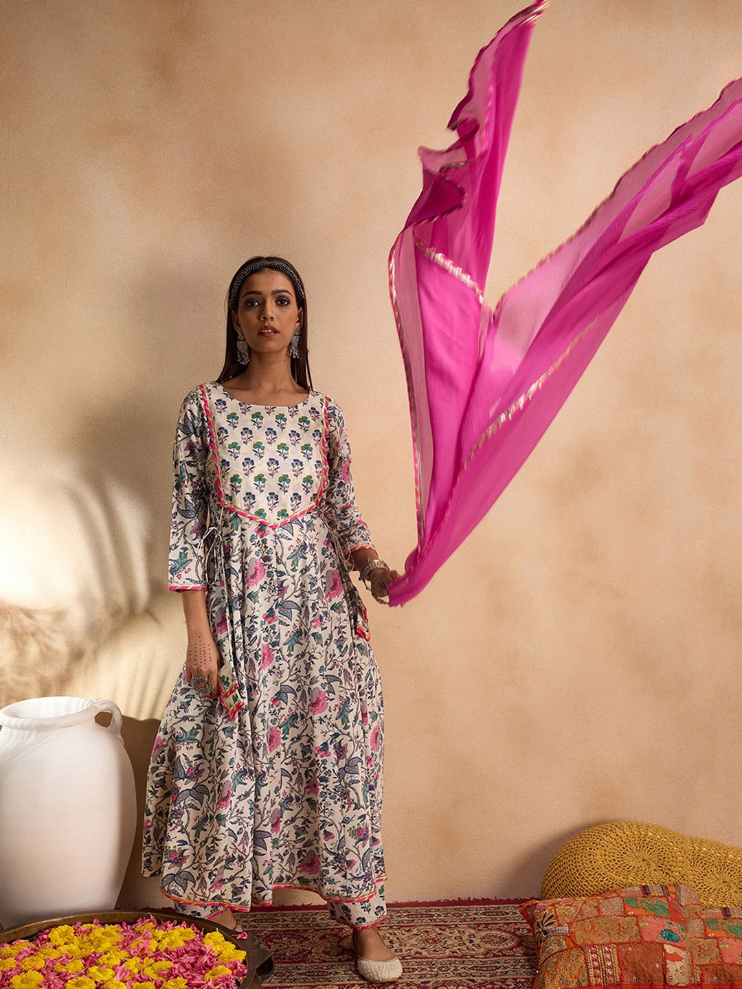 Indo Era Floral Printed Gotta Patti Pure Cotton Anarkali Kurta with Trousers & Dupatta, White
Indo Era Floral Printed Gotta Patti Pure Cotton Anarkali Kurta with Trousers & Dupatta, White