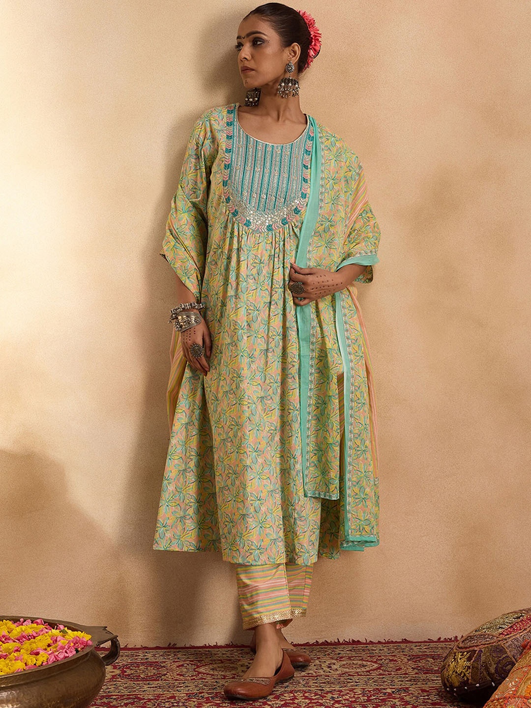 Indo Era Floral Printed Pleated Pure Cotton A-Line Kurta with Trousers & Dupatta, Sea green
Indo Era Floral Printed Pleated Pure Cotton A-Line Kurta with Trousers & Dupatta, Sea green