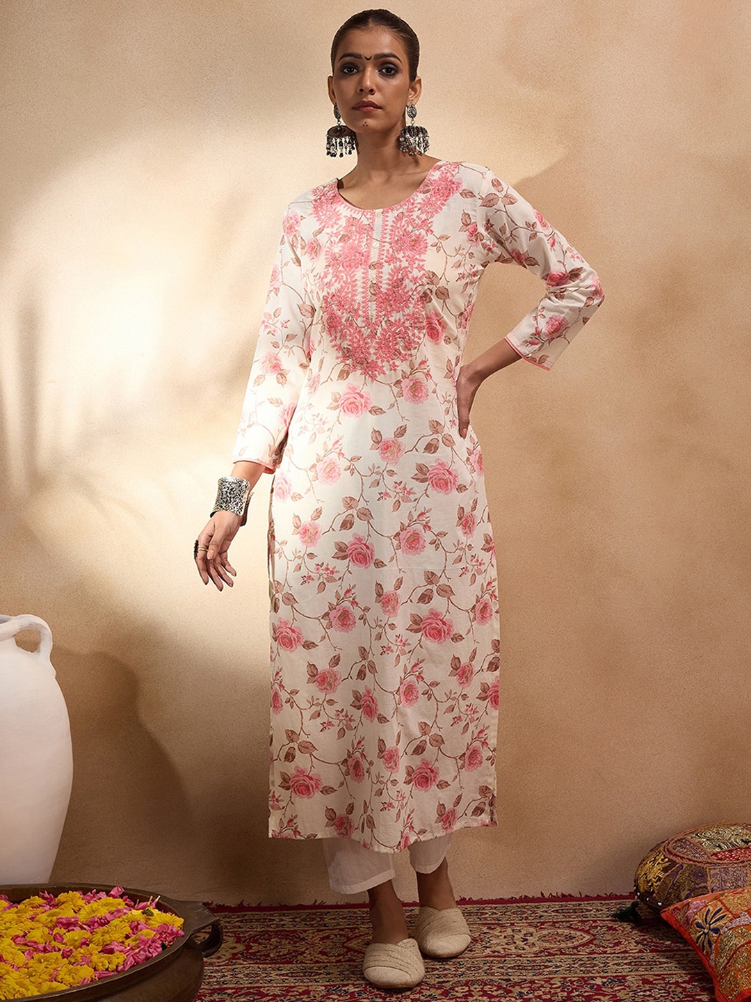 Indo Era Floral Printed Embroidered Cotton Thread Work Floral Straight Kurta, Off white
Indo Era Floral Printed Embroidered Cotton Thread Work Floral Straight Kurta, Off white