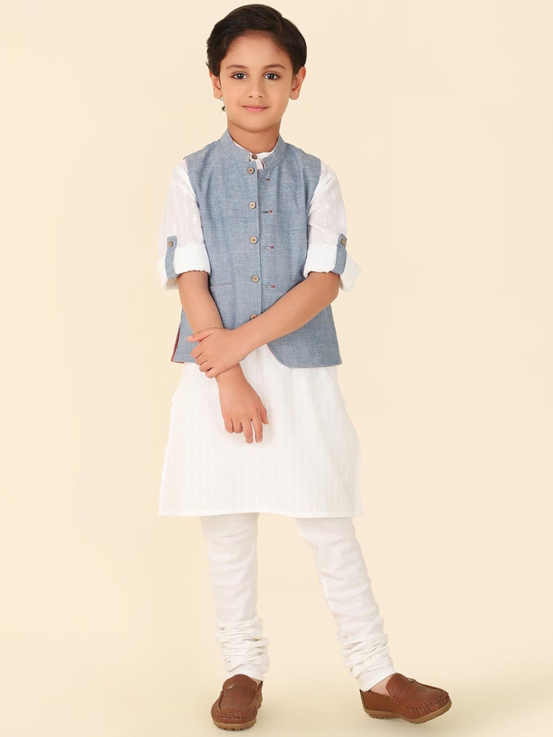 Fabindia Boys Woven Design Mandarin Collar Pure Cotton Straight Kurta With Churidar, White
Fabindia Boys Woven Design Mandarin Collar Pure Cotton Straight Kurta With Churidar, White