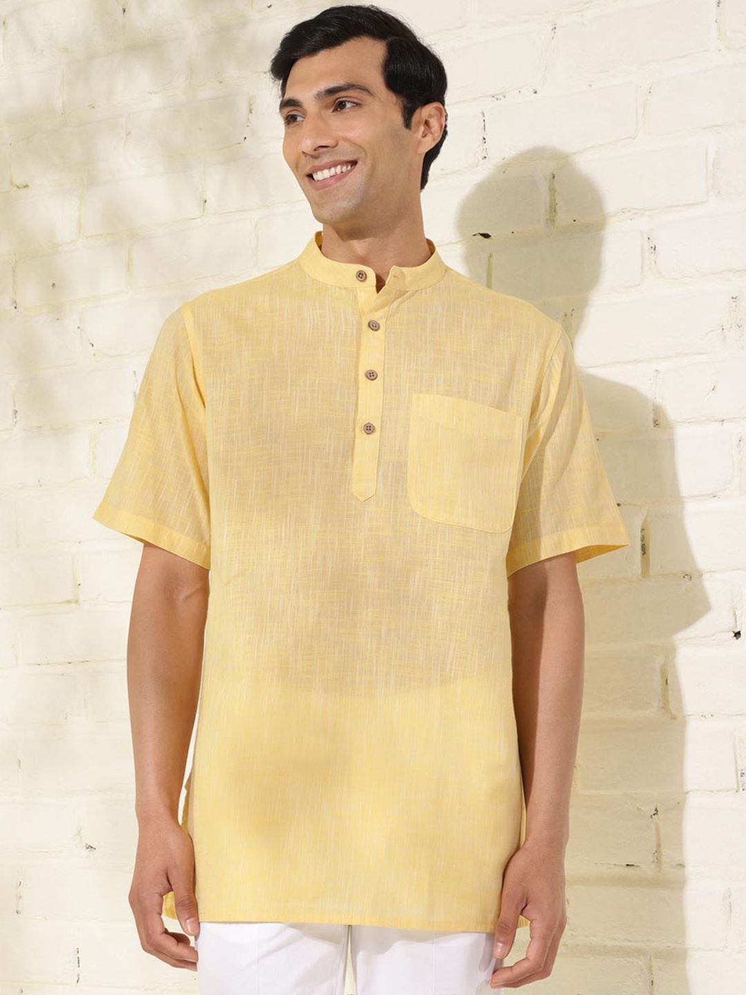 Fabindia Woven Design Mandarin Collar Short Sleeves Cotton Short Kurta, Yellow
Fabindia Woven Design Mandarin Collar Short Sleeves Cotton Short Kurta, Yellow