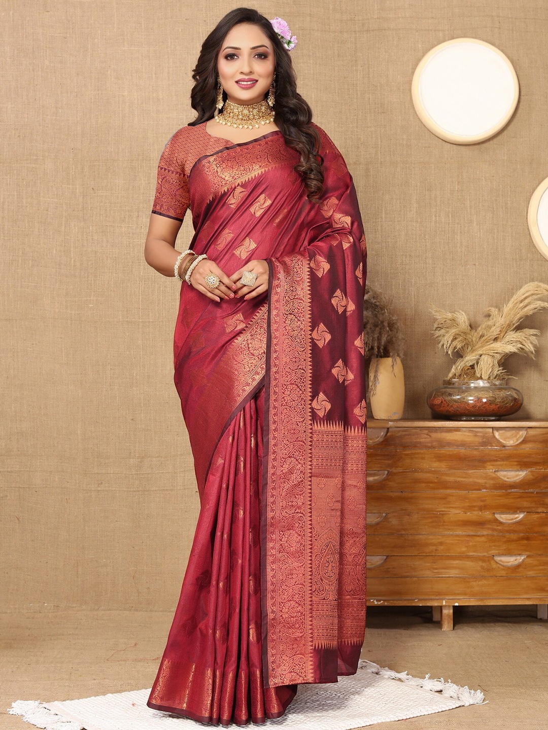 Divyadham Textiles Ethnic Motifs Woven Design Zari Pure Silk Banarasi Saree, Burgundy
Divyadham Textiles Ethnic Motifs Woven Design Zari Pure Silk Banarasi Saree, Burgundy