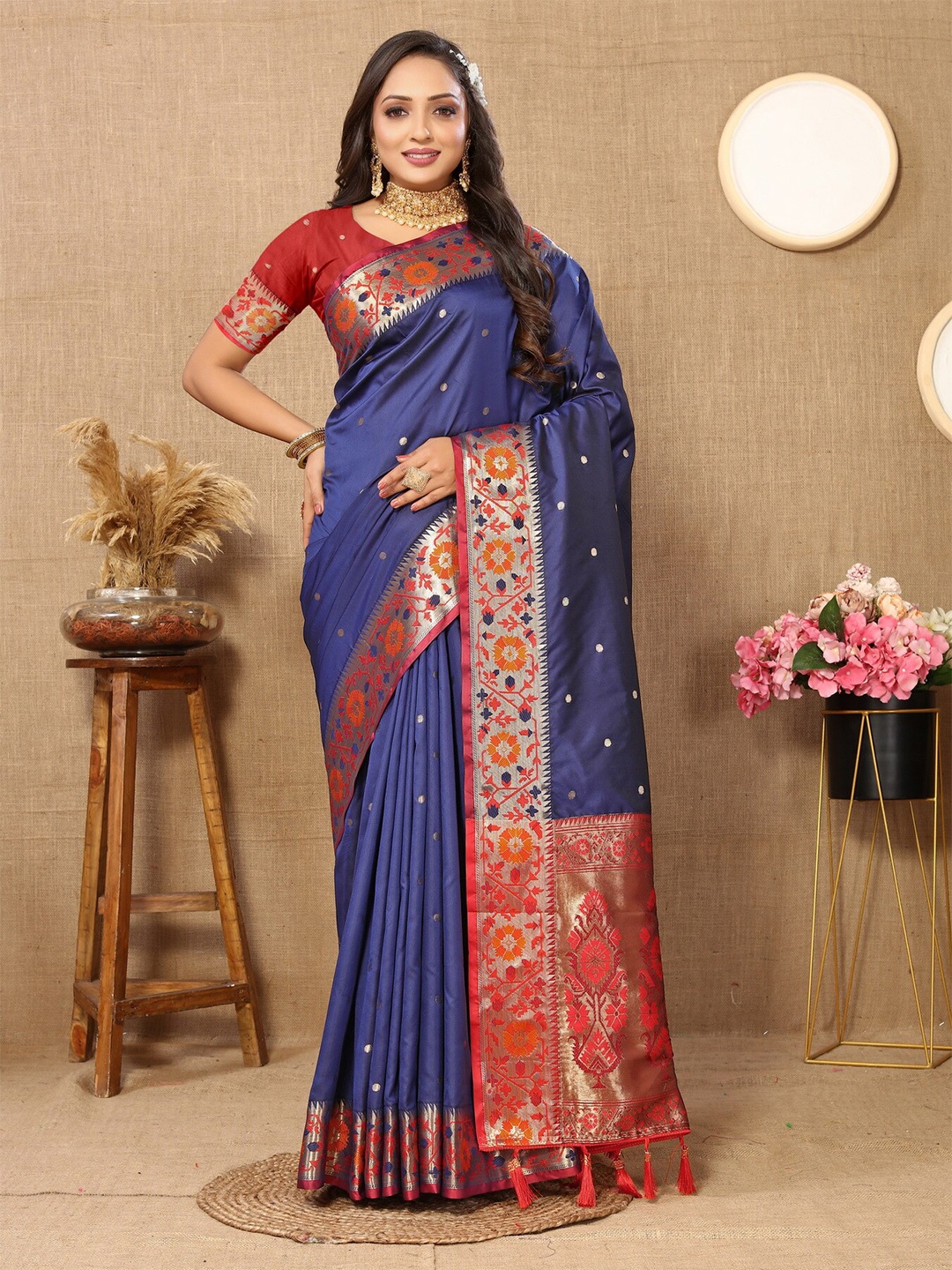 Divyadham Textiles Ethnic Motifs Woven Design Zari Pure Silk Paithani Banarasi Saree, Navy blue
Divyadham Textiles Ethnic Motifs Woven Design Zari Pure Silk Paithani Banarasi Saree, Navy blue