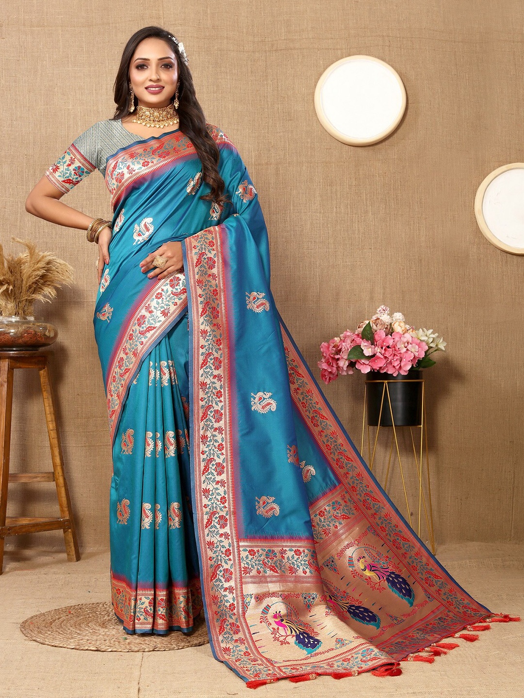 Divyadham Textiles Woven Design Zari Pure Silk Paithani Saree, Turquoise blue
Divyadham Textiles Woven Design Zari Pure Silk Paithani Saree, Turquoise blue
