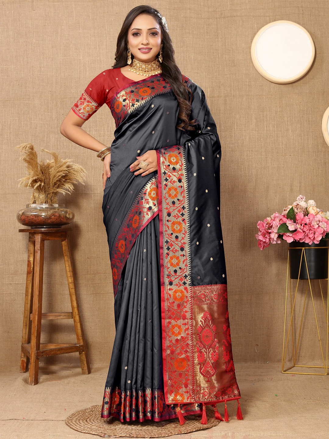Divyadham Textiles Polka Dots Woven Design Zari Pure Silk Paithani Banarsi Saree, Black
Divyadham Textiles Polka Dots Woven Design Zari Pure Silk Paithani Banarsi Saree, Black
