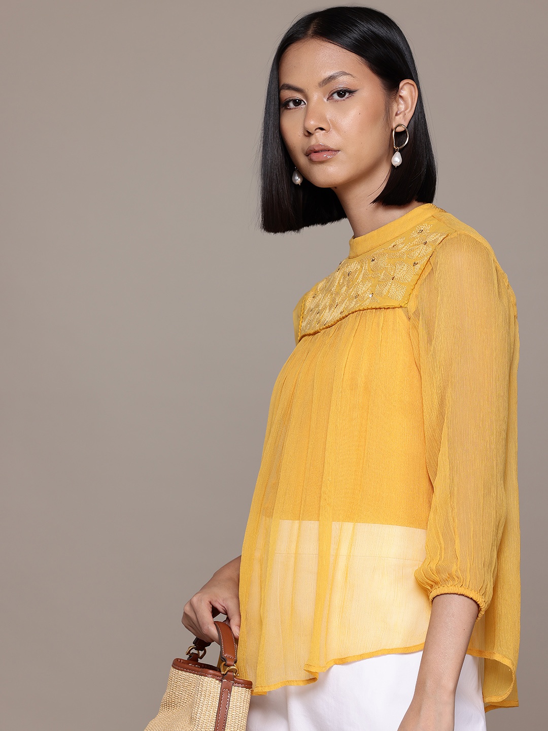 Label Ritu Kumar Floral Embroidered Mandarin Collar Puff Sleeves Sequinned Chiffon Top, Yellow
Label Ritu Kumar Floral Embroidered Mandarin Collar Puff Sleeves Sequinned Chiffon Top, Yellow
