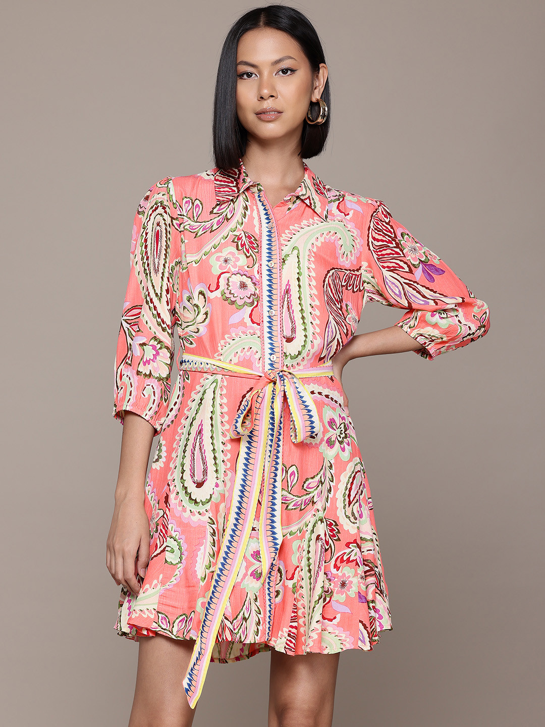 Label Ritu Kumar Ethnic Motifs Print Puff Sleeves Crepe Shirt Dress With Belt, Orange
Label Ritu Kumar Ethnic Motifs Print Puff Sleeves Crepe Shirt Dress With Belt, Orange