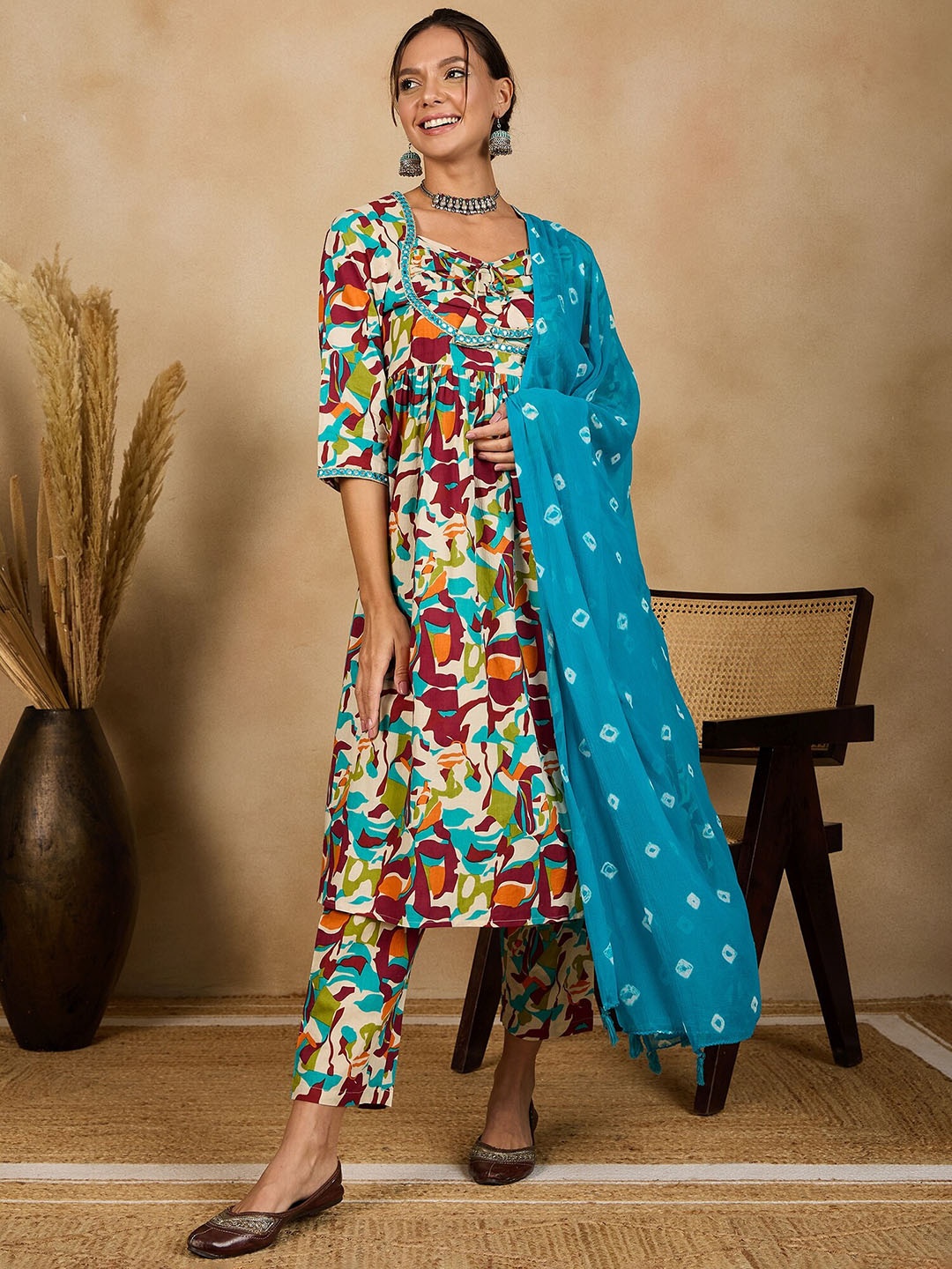 WineRed Abstract Printed Pure Cotton A-Line Kurta With Trousers & Dupatta, Blue
WineRed Abstract Printed Pure Cotton A-Line Kurta With Trousers & Dupatta, Blue