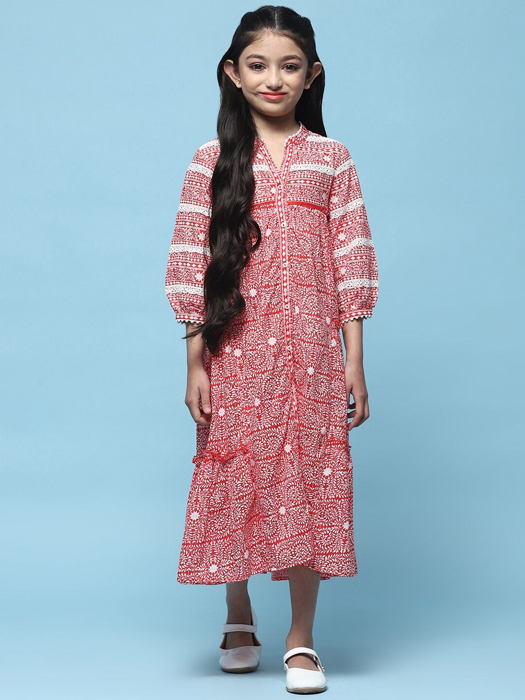 Biba Girls Floral Print Mandarin Collar Three-Quarter Puff Sleeve Cotton A-Line Midi Dress, Red
Biba Girls Floral Print Mandarin Collar Three-Quarter Puff Sleeve Cotton A-Line Midi Dress, Red