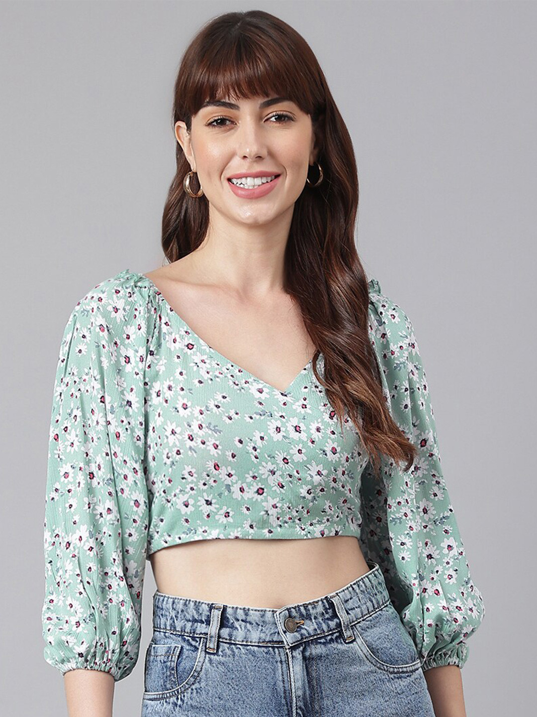 Chemistry Floral Print V-Neck Puff Sleeves Crop Top, Green
Chemistry Floral Print V-Neck Puff Sleeves Crop Top, Green