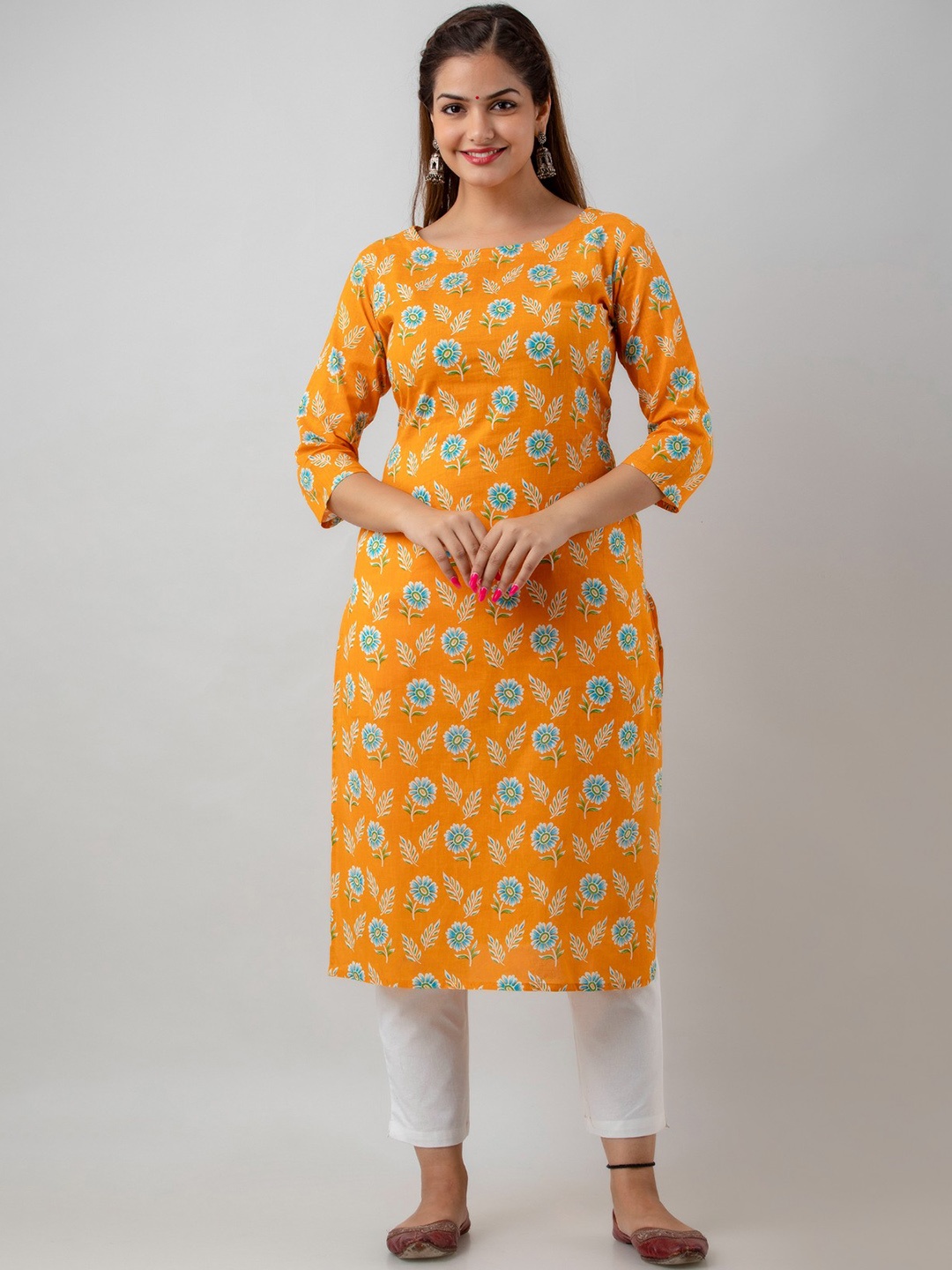 BAIRAJ Floral Printed Boat Neck Pure Cotton Straight Kurta, Orange