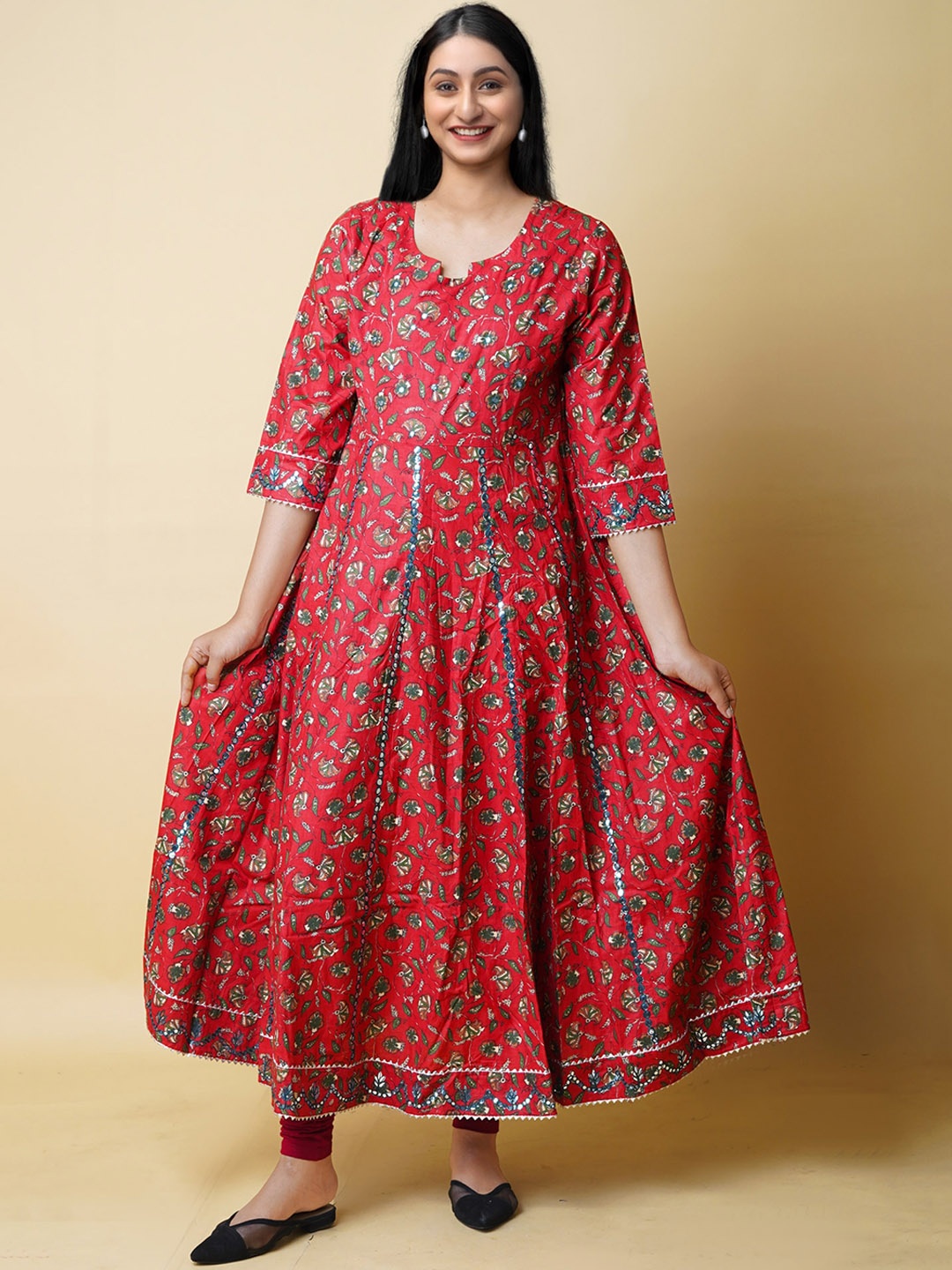 Unnati Silks Floral Printed Flared Sleeves Thread Work Cotton Handloom Anarkali Kurta, Red
Unnati Silks Floral Printed Flared Sleeves Thread Work Cotton Handloom Anarkali Kurta, Red