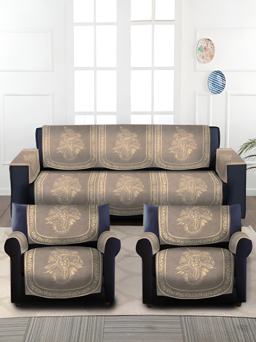 

HOSTA HOMES Brown & Gold-Toned 16 Pieces Printed Velvet 5 Seater Sofa Cover With Arms