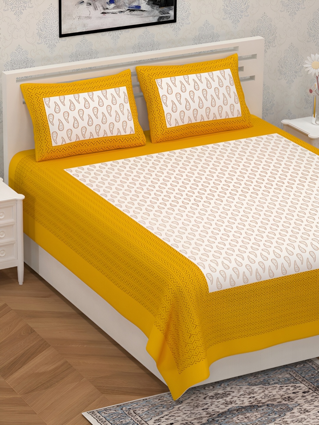 POORAK Yellow & White Geometric Cotton 104 TC Queen Bedsheet With 2 Pillow Covers
POORAK Yellow & White Geometric Cotton 104 TC Queen Bedsheet With 2 Pillow Covers