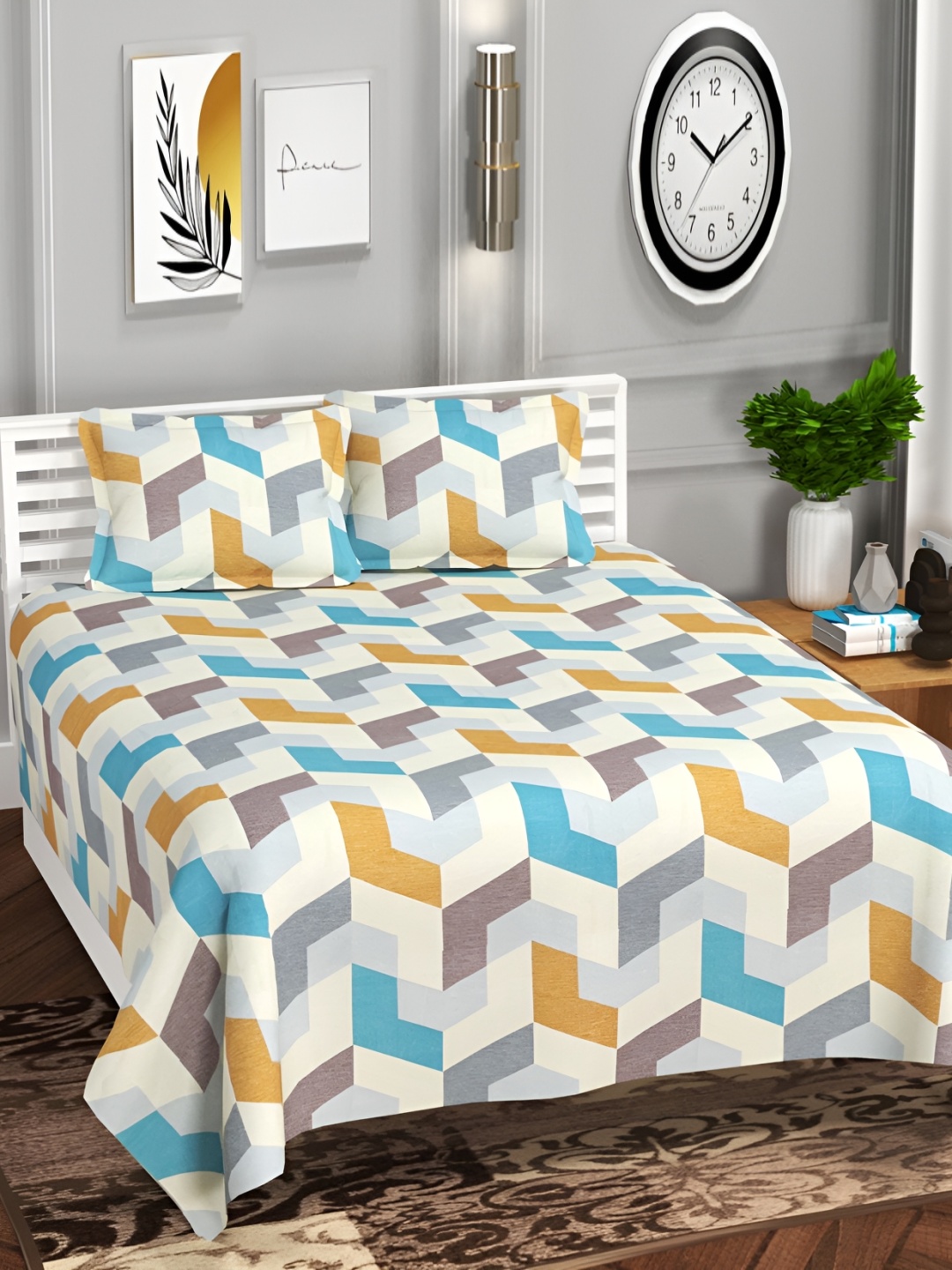 bsb home White & Turquoise Blue Geometric Cotton 220 TC King Bedsheet With 2 Pillow Covers
bsb home White & Turquoise Blue Geometric Cotton 220 TC King Bedsheet With 2 Pillow Covers