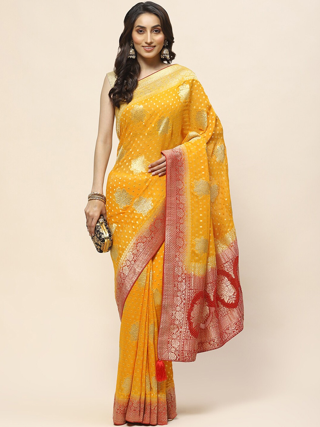 Meena Bazaar Ethnic Motifs Woven Design Zari Saree, Yellow