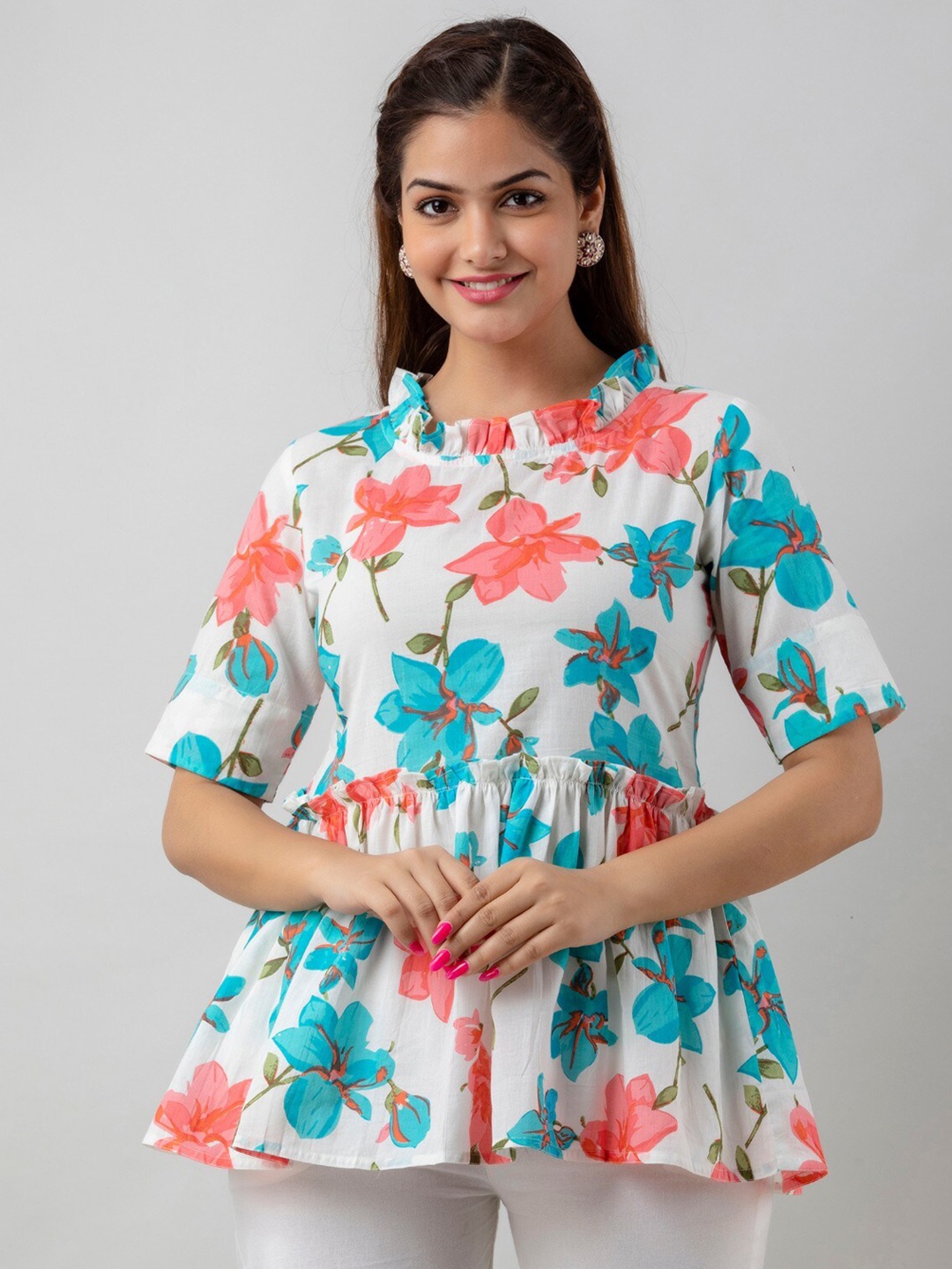 BAIRAJ Floral Print Pure Cotton Round Neck Short Sleeves Opaque Peplum Casual Top, Blue
BAIRAJ Floral Print Pure Cotton Round Neck Short Sleeves Opaque Peplum Casual Top, Blue