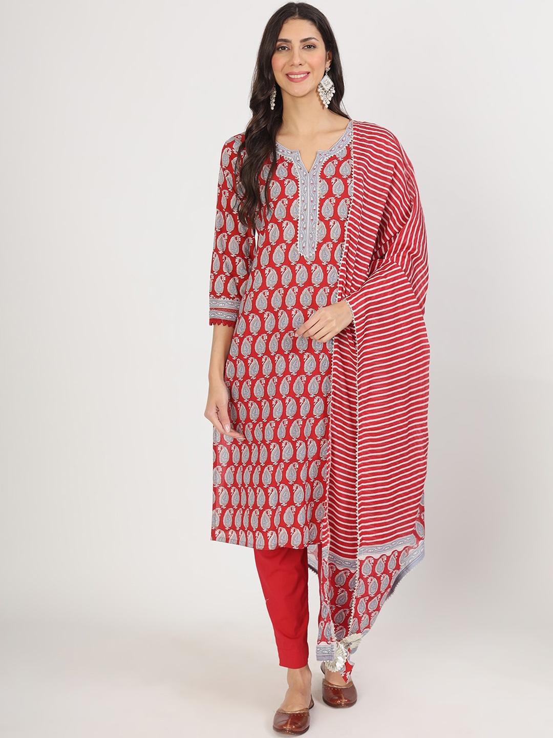 Divena Paisley Printed Gotta Patti Pure Cotton Straight Kurta with Trousers & Dupatta, Red
Divena Paisley Printed Gotta Patti Pure Cotton Straight Kurta with Trousers & Dupatta, Red