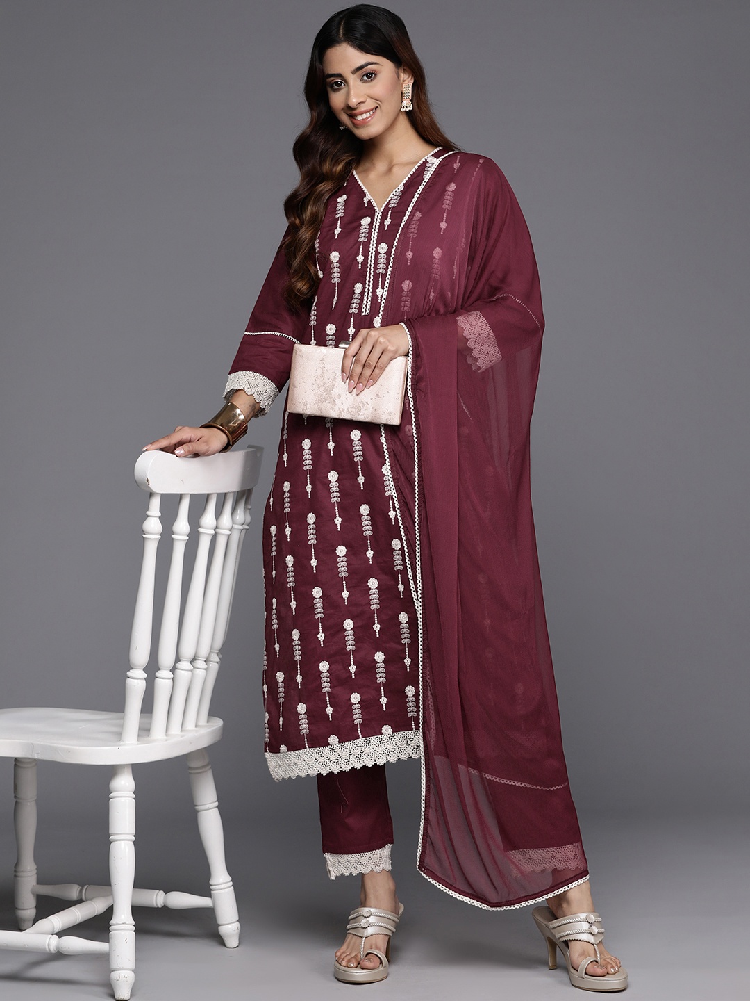 Varanga Floral Embroidered Thread Work Pure Cotton Kurta with Trousers & Dupatta, Maroon
Varanga Floral Embroidered Thread Work Pure Cotton Kurta with Trousers & Dupatta, Maroon