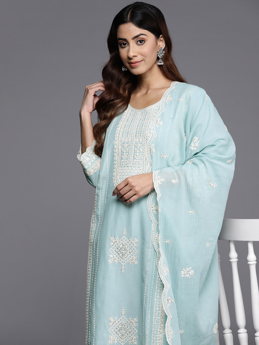Varanga Ethnic Motifs Embroidered Sequinned Pure Cotton Kurta with Trousers & Dupatta, Blue
Varanga Ethnic Motifs Embroidered Sequinned Pure Cotton Kurta with Trousers & Dupatta, Blue