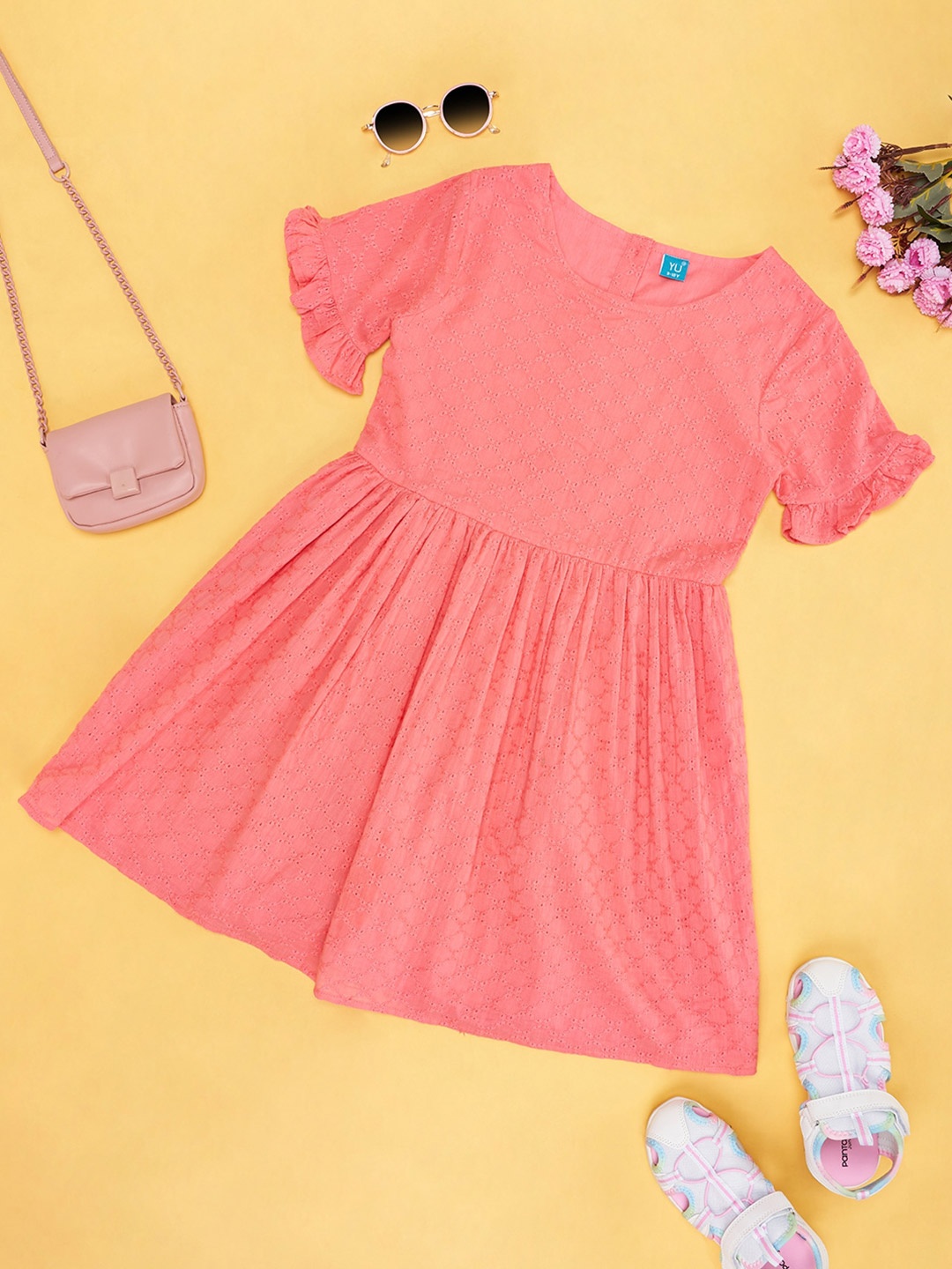 YU by Pantaloons Girls Self Design Round Neck Bell Sleeves Cotton Fit & Flare Dress, Pink
YU by Pantaloons Girls Self Design Round Neck Bell Sleeves Cotton Fit & Flare Dress, Pink