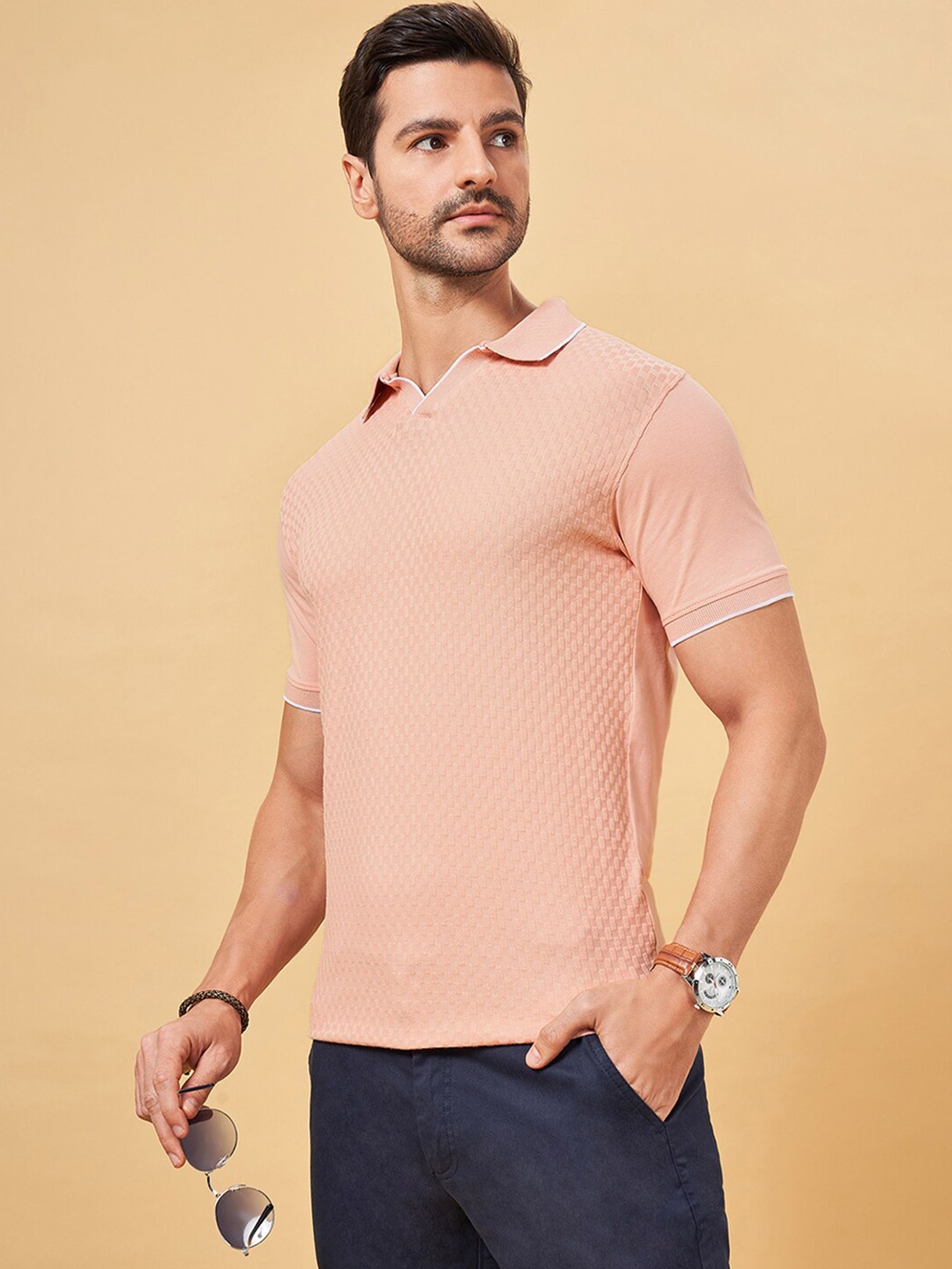 BYFORD by Pantaloons Geometric Self Design Polo Collar Pure Cotton Slim Fit T-shirt, Peach
BYFORD by Pantaloons Geometric Self Design Polo Collar Pure Cotton Slim Fit T-shirt, Peach